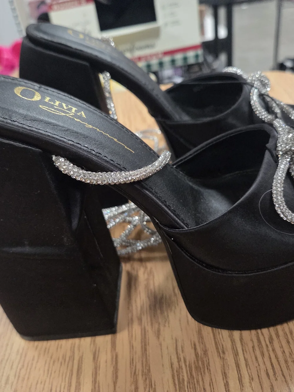 Alivia Simone Black Platform Slide Sandals with Silver Crystal Straps 7.5